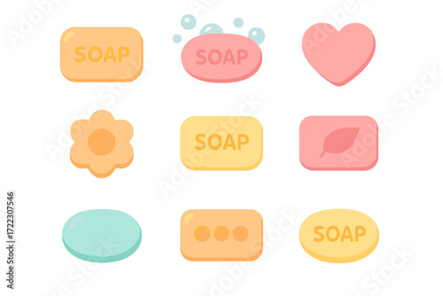 Hygiene flat icons set. featuring soap, heart, flower, leaf, bubbles, and oval symbols