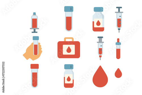 Healthcare silhouette icon set. featuring syringe, blood bag, test tube, drop, and medical kit symbols