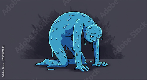 A Blue, Sluggish, and Distressed Amorphous Figure Crouching in Despair