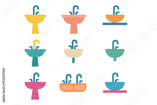 Sink silhouette icon set. featuring bathroom, kitchen, double, pedestal, modern, taps, and faucet designs