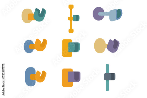 Abstract colorful silhouette icon set. featuring door handles, knobs, and geometric shapes