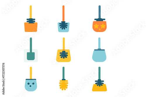 Cleaning tools flat icon set. featuring mop, scrubber, brush, bucket, duster, and broom symbols