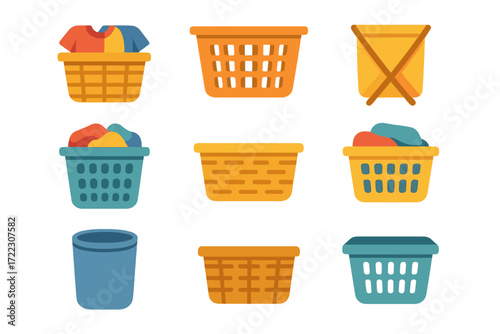 Laundry equipment flat icon set. featuring basket, hamper, clothes, washing, drying, storage, and container symbols