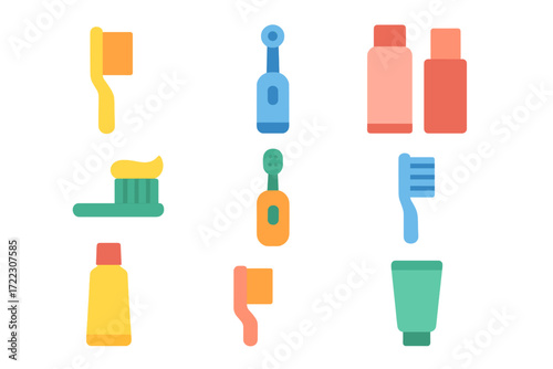 Oral care flat icon set. featuring toothpaste, toothbrush, electric toothbrush, dental floss, mouthwash, rinse