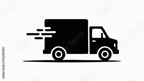 A black silhouette icon of a fast delivery truck with speed lines, symbolizing quick shipping and logistics.