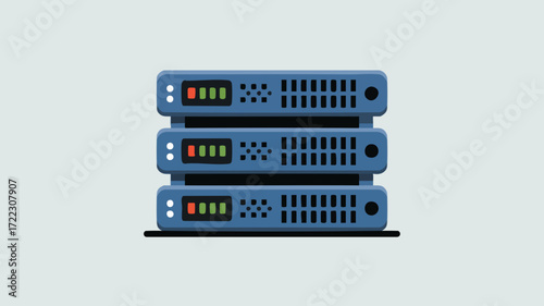 A stack of three blue server racks with indicator lights, representing data storage and technology.