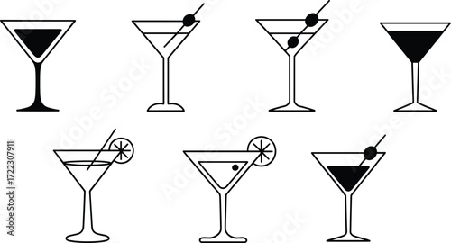 Stylized cocktail glass icons, martini illustrations, garnish variations, bar drink symbols, mixology elements, vector set, nightlife, alcohol, celebration, minimal design