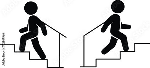 Stick figure walking on stairs, ascending and descending, staircase safety, movement direction, minimal icon, black silhouette, accessibility concept, vector illustration