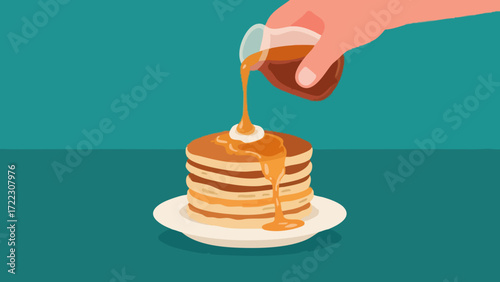 Pancakes with syrup being poured on top, on a white plate.