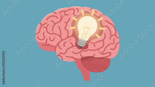 Lightbulb illuminating a detailed human brain.