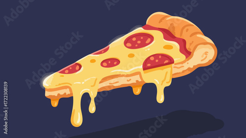 Illustration of a slice of pepperoni pizza with melted cheese dripping down.