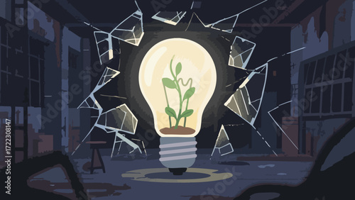 A glowing lightbulb with a small plant inside, surrounded by shattered glass in a dark, dilapidated room.