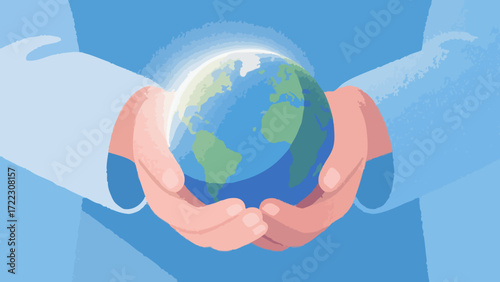 Hands gently holding a glowing Earth globe.