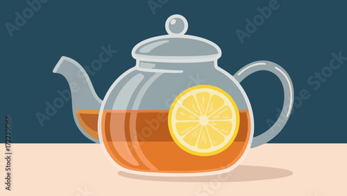A clear glass teapot filled with brown tea and a bright yellow lemon slice, depicted in a flat vector illustration style.