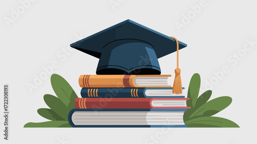 Graduation cap atop a stack of books surrounded by foliage, symbolizing education and achievement.