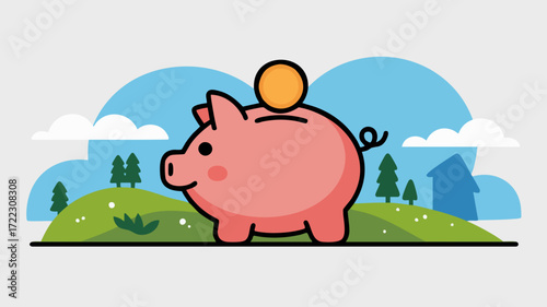 Pink piggy bank on a hill with trees and a house in the background.