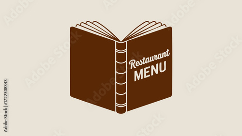 A simple graphic illustration of an open brown book with 'Restaurant MENU' on the cover.