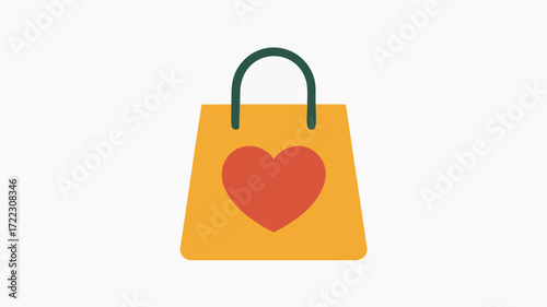 A yellow shopping bag with a red heart icon and dark green handles, symbolizing love for shopping or gifts, on a plain white background.