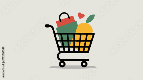 Illustration of a shopping cart filled with groceries, bags, and a heart, representing purchases.