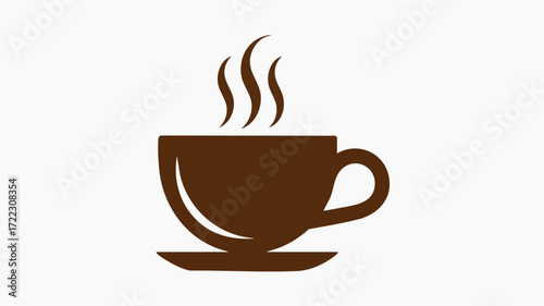 A simple brown graphic icon of a steaming hot coffee cup and saucer isolated on a white background.