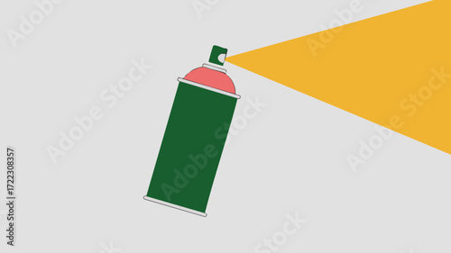 A green spray paint can with a pink nozzle is spraying a thick stream of yellow paint.