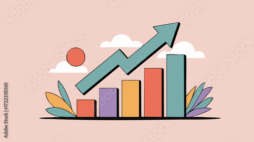 An illustration depicting business growth with a colorful bar chart and an upward-pointing arrow, set against a light pink background with clouds and a sun.