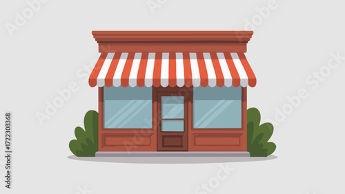 Illustration of a small shop with a red and white striped awning.