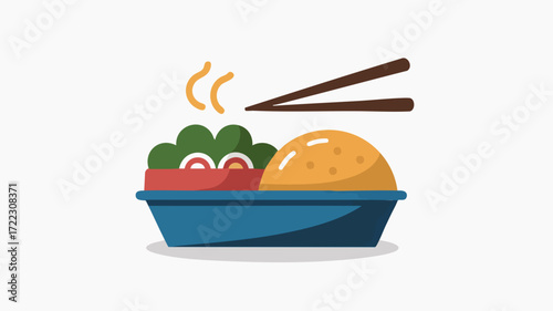 A blue plastic tray with rice, vegetables, and chopsticks.