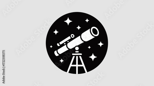 A simple black and white circular icon depicting a telescope on a tripod for stargazing, surrounded by stars.