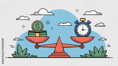 Time vs. Money: A balance scale weighing money and a stopwatch.