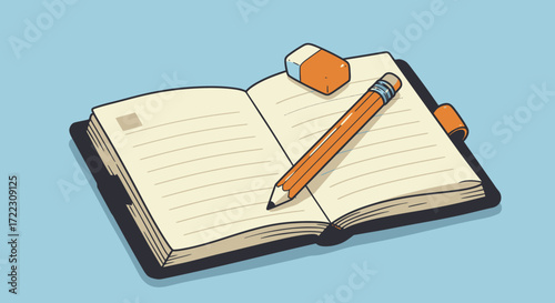 Open notebook with a pencil and eraser, ready for writing, drawing, or planning on a light blue background, vector illustration.