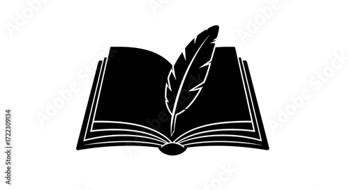 An open book with a quill pen resting on its pages, symbolizing knowledge, writing, and education in a clean vector graphic.
