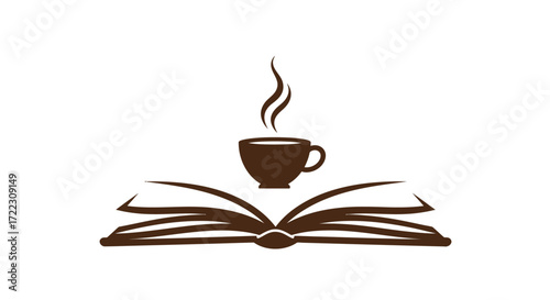 Vector illustration of an open book with a steaming cup of coffee on top, perfect for book clubs, coffee shops, or reading-themed designs.  The PNG format ensures crisp, high-resolution images for