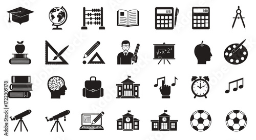 A collection of education-themed vector icons, perfect for illustrating concepts related to learning, academia, and scholastic endeavors in a clean, modern, and easily scalable PNG format.