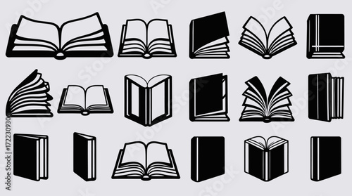A collection of vector book illustrations in various open and closed positions, ideal for educational resources, design projects, and visual storytelling, created in a clean, modern style.