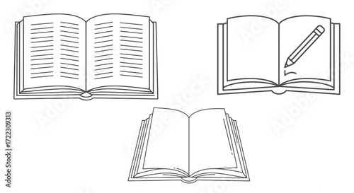 Set of vector illustrations featuring open books in different styles, perfect for educational resources, storytelling designs, and creative projects, isolated on white background.
