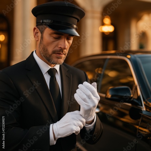 Elegant chauffeur adjusts white gloves beside black luxury sedan at hotel entrance during golden hour service professionalism premium transportation