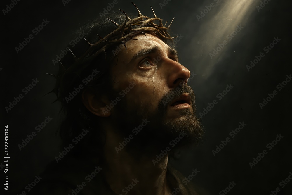 Fototapeta premium Solemn biblical man wearing a crown of thorns gazing toward a radiant upward light against dark studio background evocative portrait of faith and hope