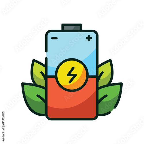 Battery with lightning bolt icon surrounded by green leaves
