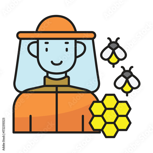 Beekeeper in protective suit with bees and honeycomb