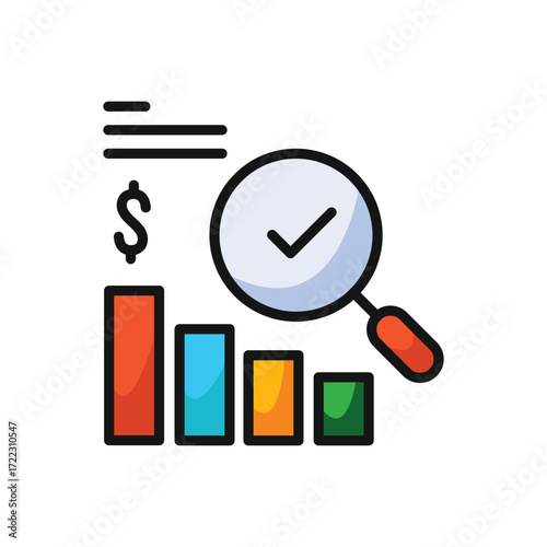Bar graph with dollar sign checkmark and magnifying glass