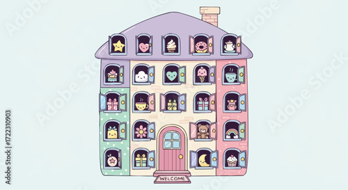 Christmas icon vector 2025 cute pastel apartment building illustration with kawaii characters in windows vector design for prints and decor