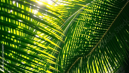 Vibrant green palm fronds, sunlight dappled, lush tropical detail,  summer,  exotic