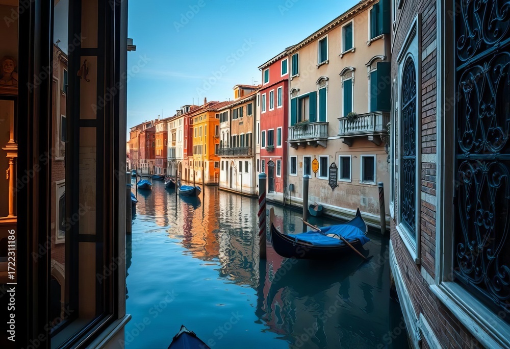 Obraz premium Venetian window frames reflecting canal water, intricate details, urban landscape, reflection