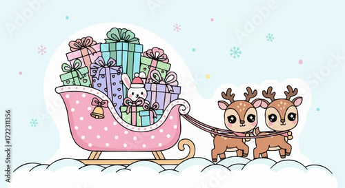 Christmas icon vector 2025 cute christmas reindeer pulling santa sleigh with gifts and bunny vector illustration holiday season art