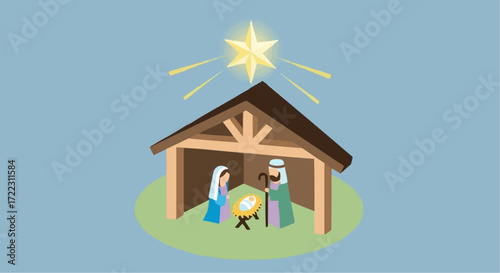 Christmas icon vector 2025 celebrate christmas nativity scene with mary joseph and baby jesus under the star of bethlehem illustration