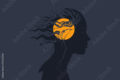 Abstract Mind Silhouette with Tree Roots and Moon – Meditation and Spiritual Concept Illustration