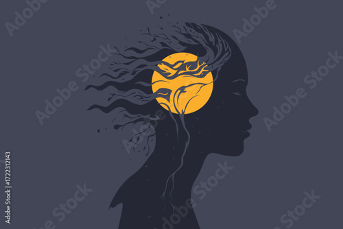 Abstract Mind Silhouette with Tree Roots and Moon – Meditation and Spiritual Concept Illustration