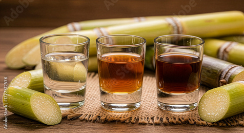 A close-up of three shots of cachaça on a rustic table with sugarcane stalks in the background. The shots show the different varieties unaged (branca), gold (ouro), and aged (envelhecida).