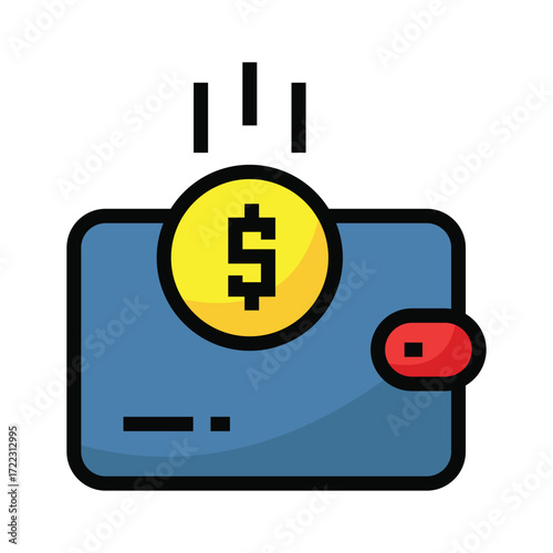 Blue wallet with dollar coin and red closure